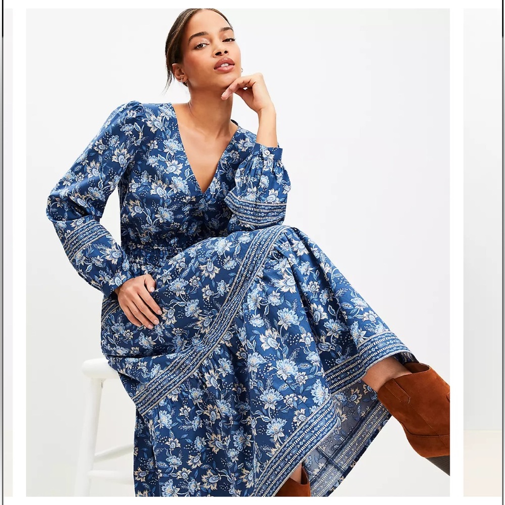 LOFT Women’s Floral Smocked Cottagecore Elastic Waist Midi Dress Petite size L